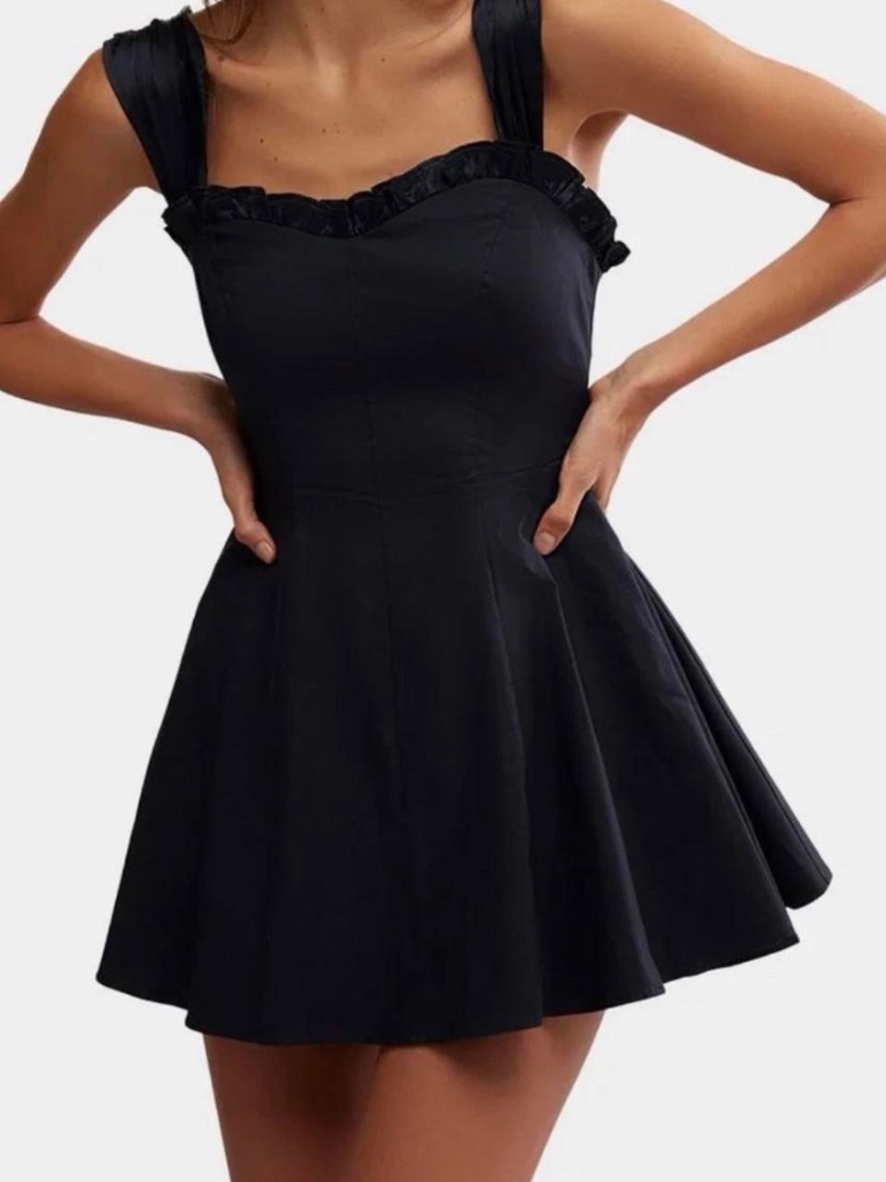 Black Ruffle-Edge Heart Neckline Mini Fit & Flare Skater Dress